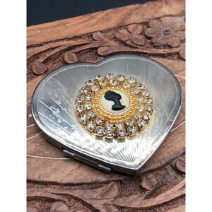 Vintage African American Cameo Gold Silver Tone Make-up Mirror Heart Shape RARE